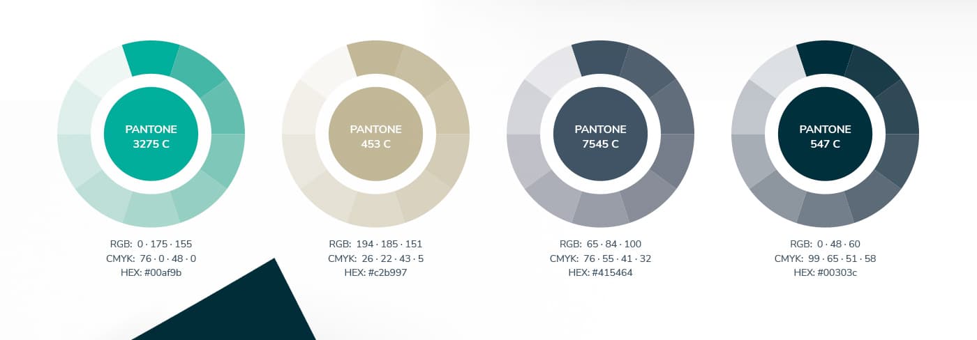 Corporate colour palette in Pantone: turquoise, beige, grey and petrol blue