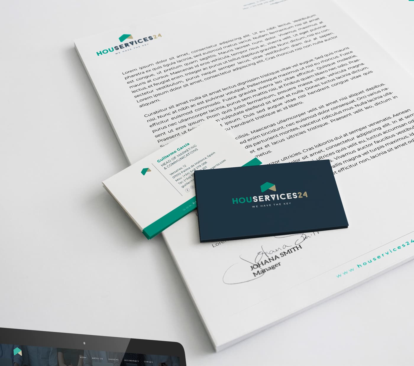 Corporate stationery with business cards, letterhead and handwritten signature