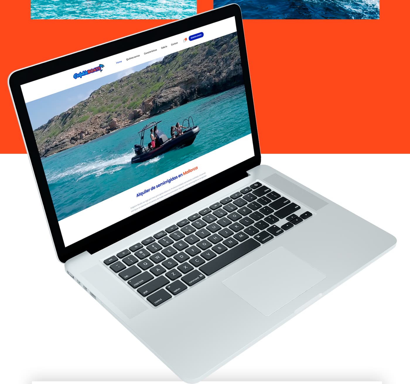Web de Dolphin Boats en un MacBook mostrant una llanxa navegant al costat d'una cala