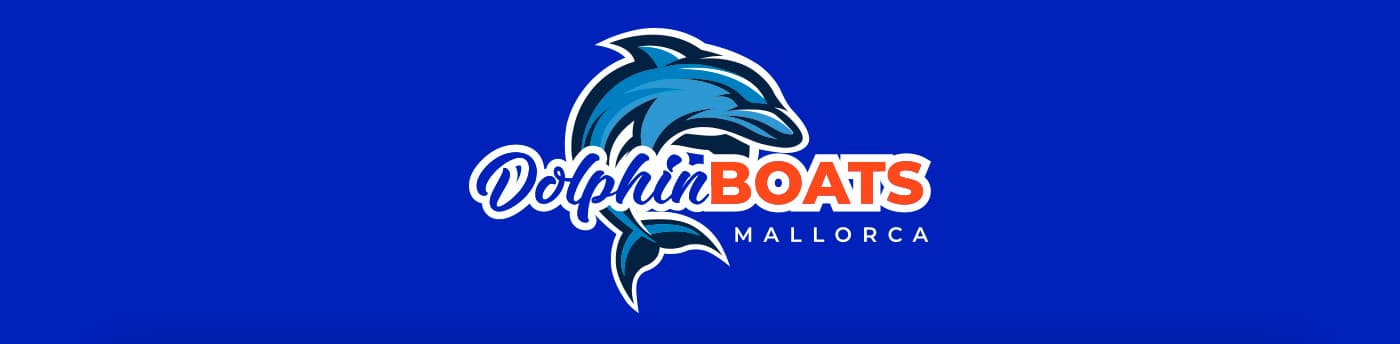 Logotip de Dolphin Boats Mallorca amb isotip de dofí sobre fons blau