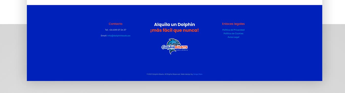 Peu de pàgina de la web de Dolphin Boats amb logotip i dades de contacte