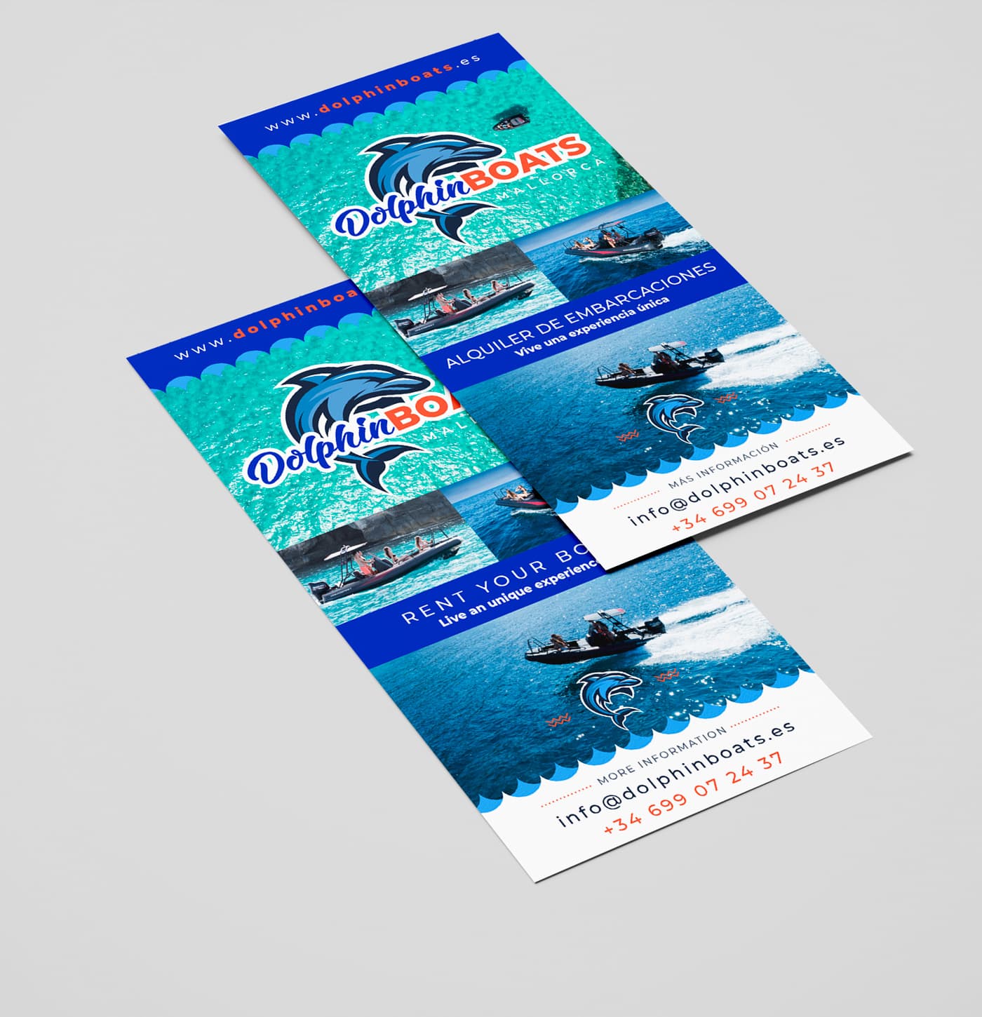 Dos fullets publicitaris de Dolphin Boats en espanyol i anglès amb fotos de llanxes