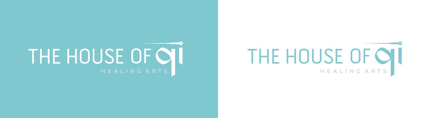 Comparison of The House of Qi logotype on a turquoise background and a white background