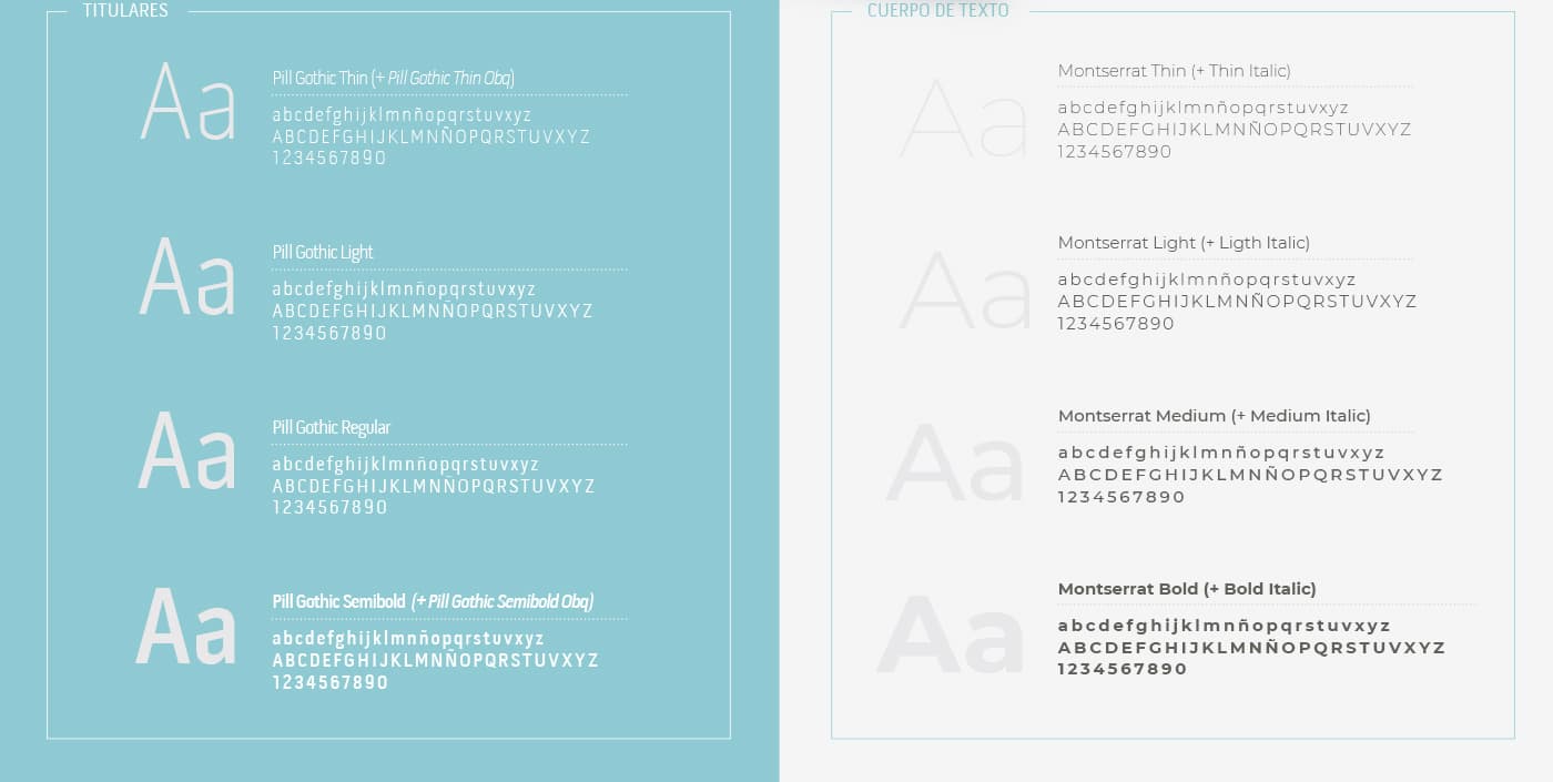 Manual page with the corporate typefaces Pill Gothic and Montserrat