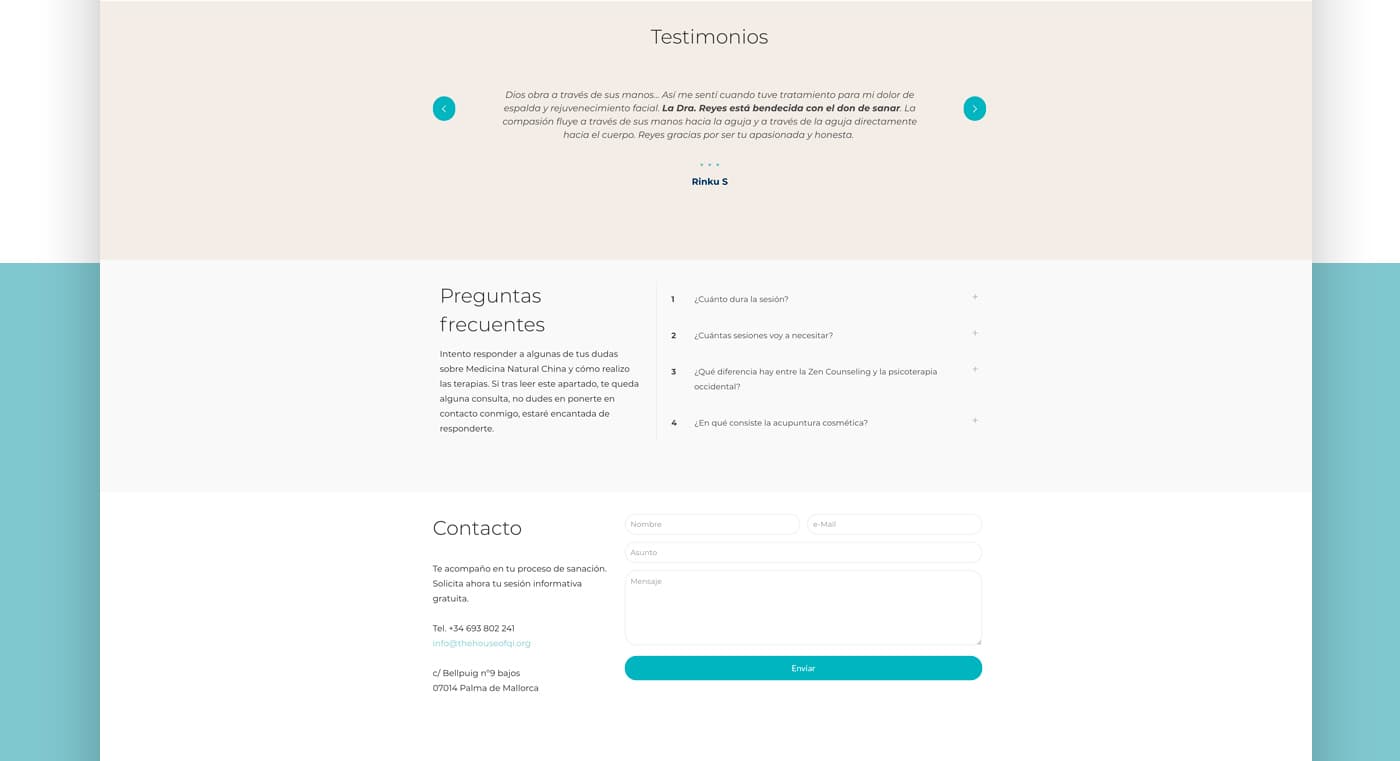 Screenshot of the testimonials and frequently asked questions sections of the website