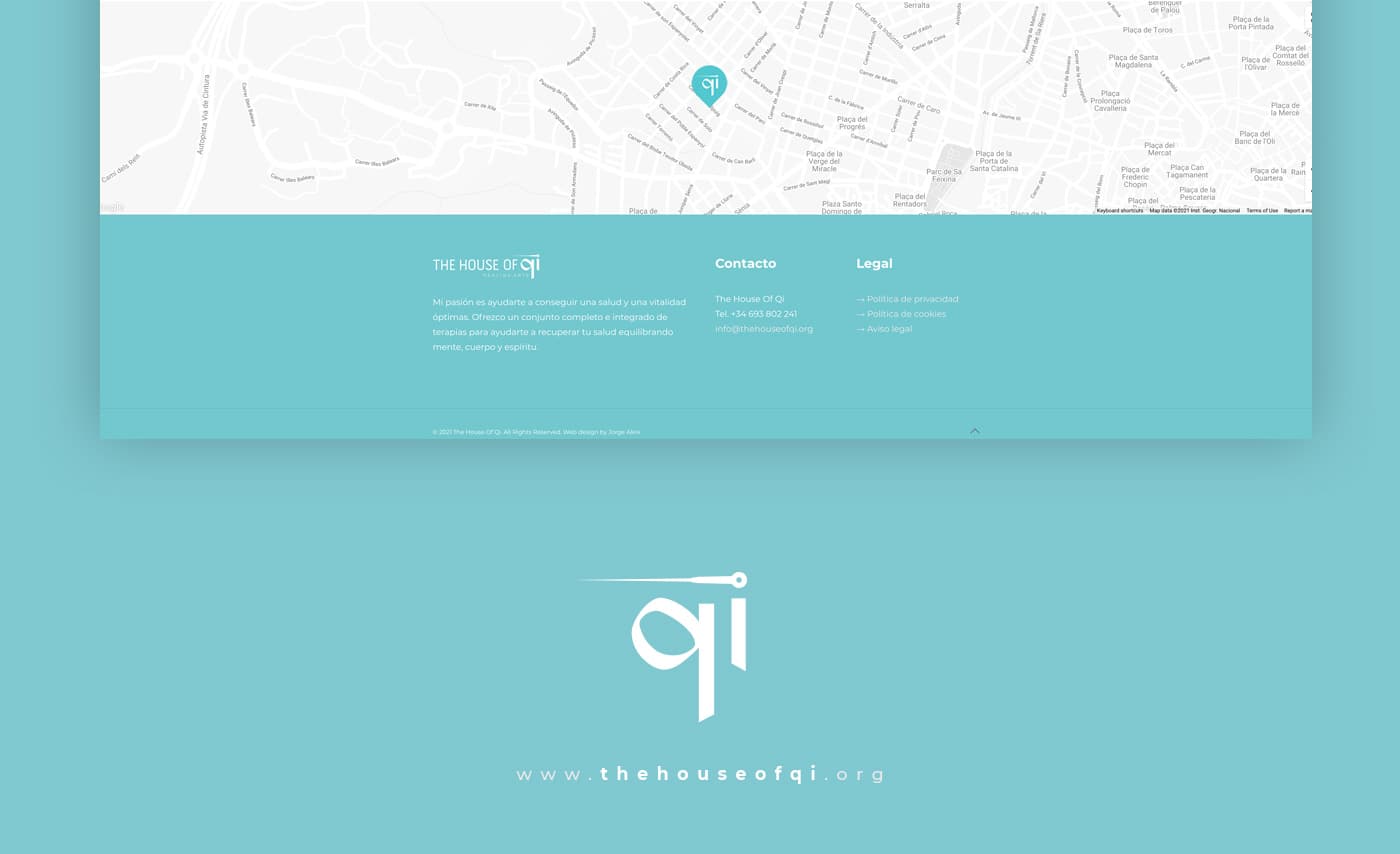 Screenshot of the footer with the location map and the Qi isotype