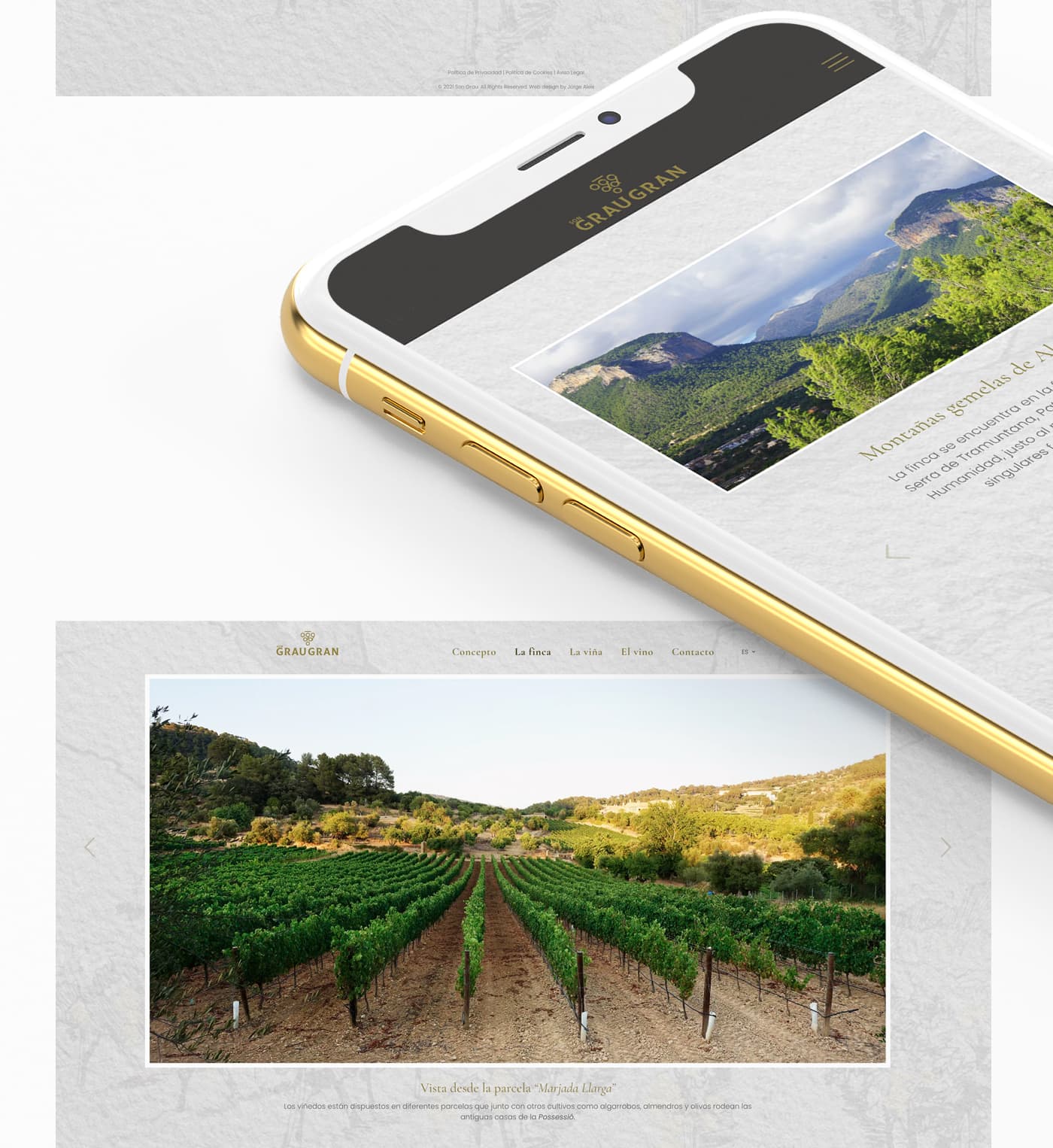 Mockup of the Son Grau Gran website on mobile and tablet over an aged paper background