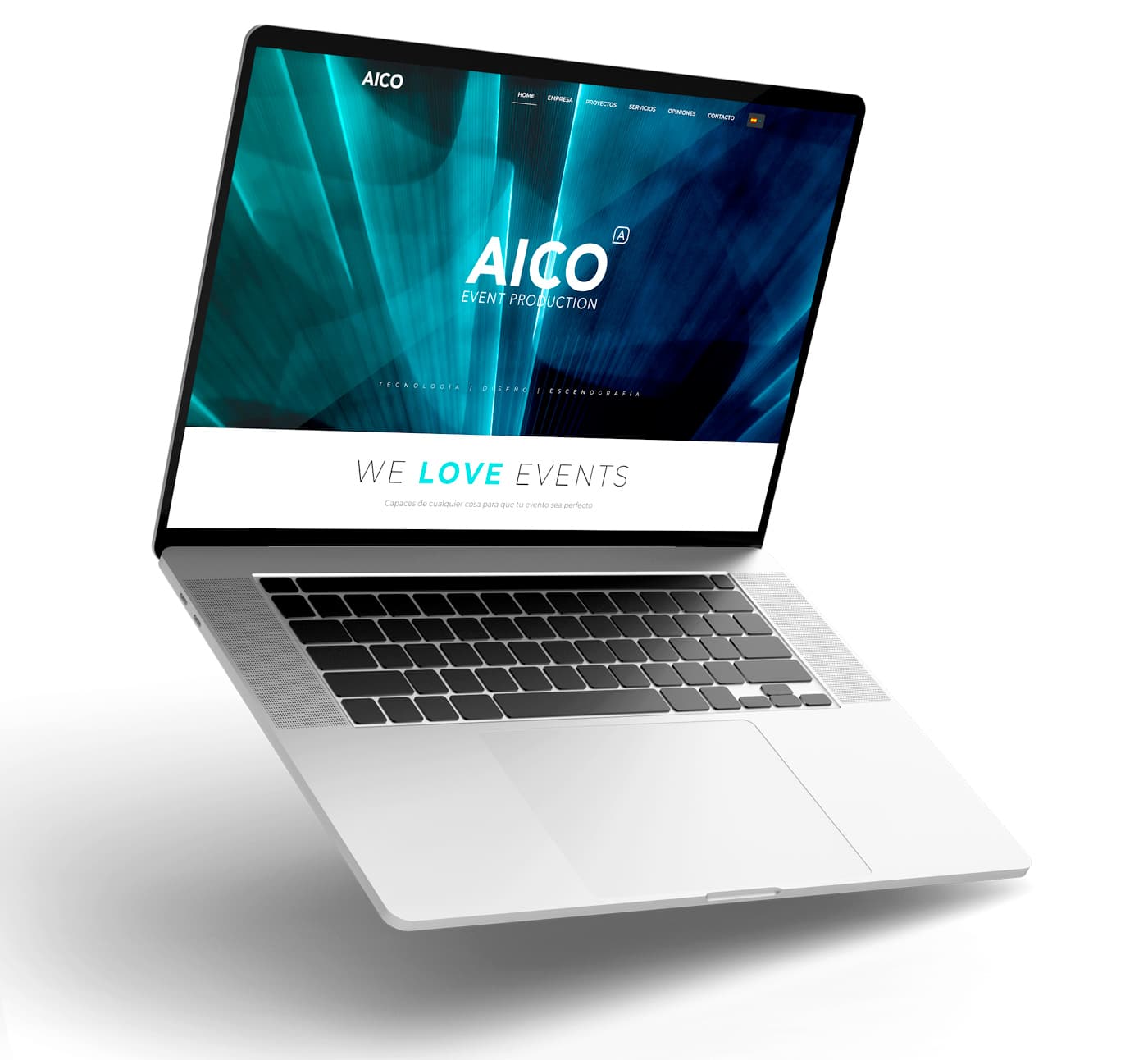 Mockup de portàtil amb la home d'AICO en tons blaus i turquesa
