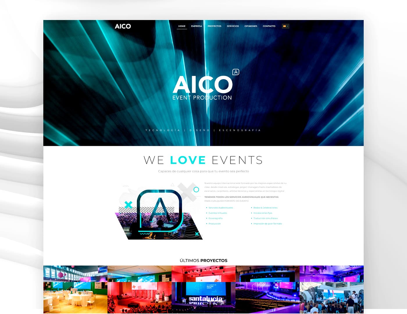 Home de la web d'AICO amb secció de serveis i galeria dels darrers projectes