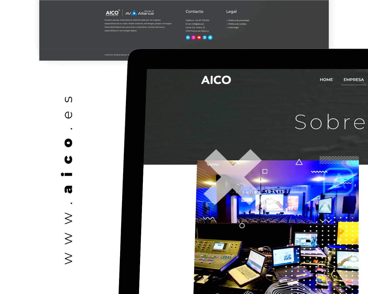 Peu de pàgina i mockup de tablet amb la secció Sobre AICO