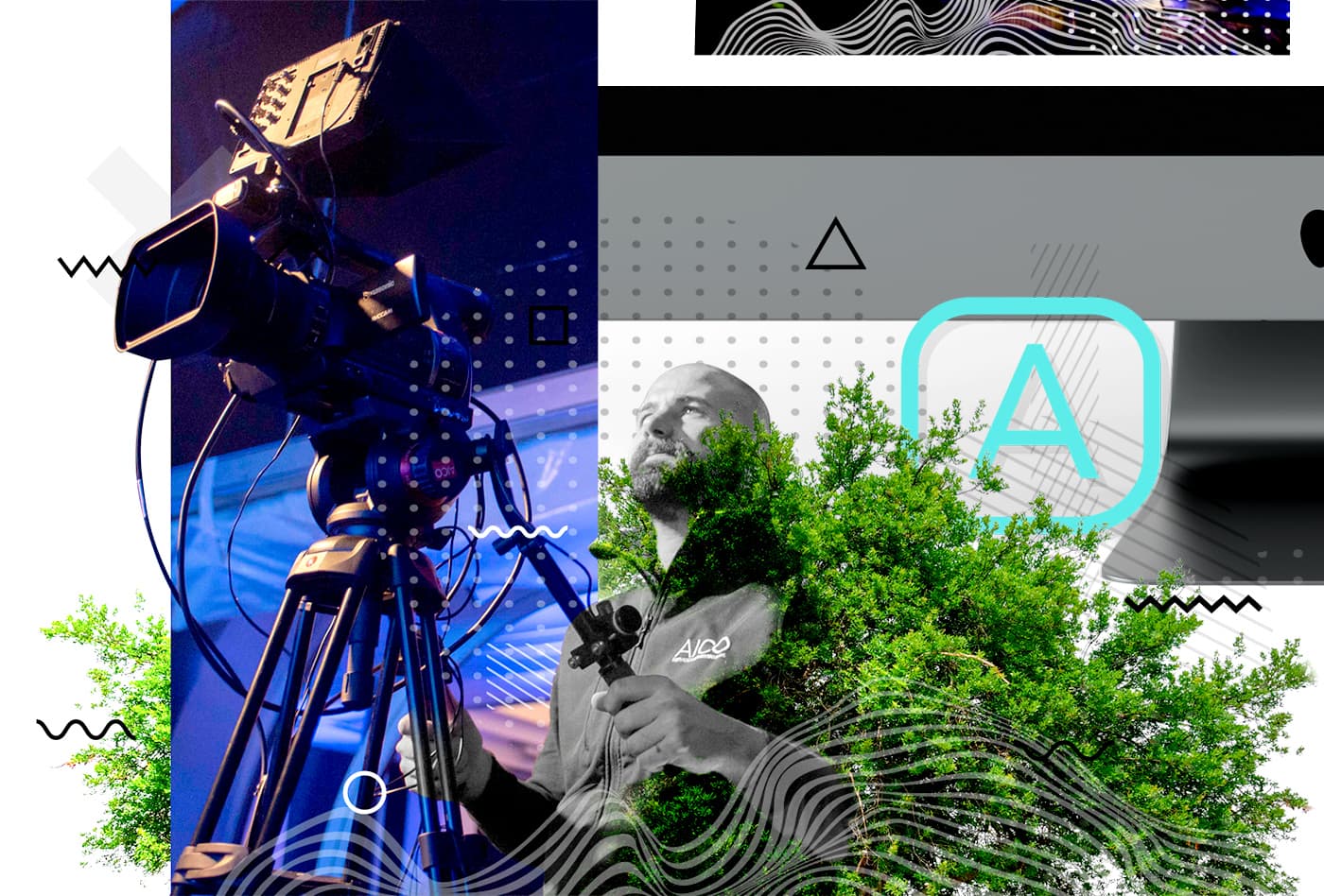 Collage amb càmera de vídeo professional, tècnic d'AICO i elements gràfics