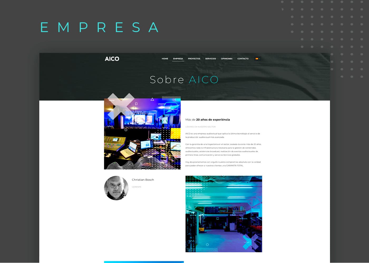 Secció Sobre AICO amb foto de sala de control audiovisual i taula de mescles