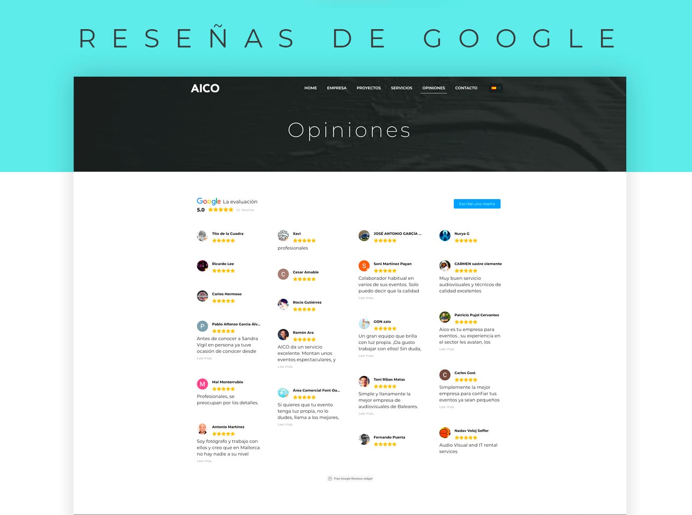 Pàgina d'Opinions amb ressenyes de clients de Google sobre AICO