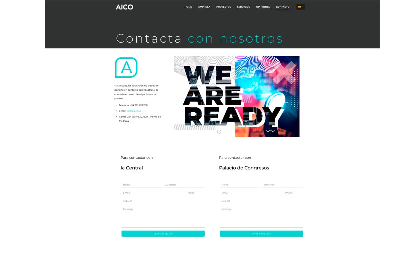 Pàgina de contacte amb el missatge 'We are ready' i formularis de la central