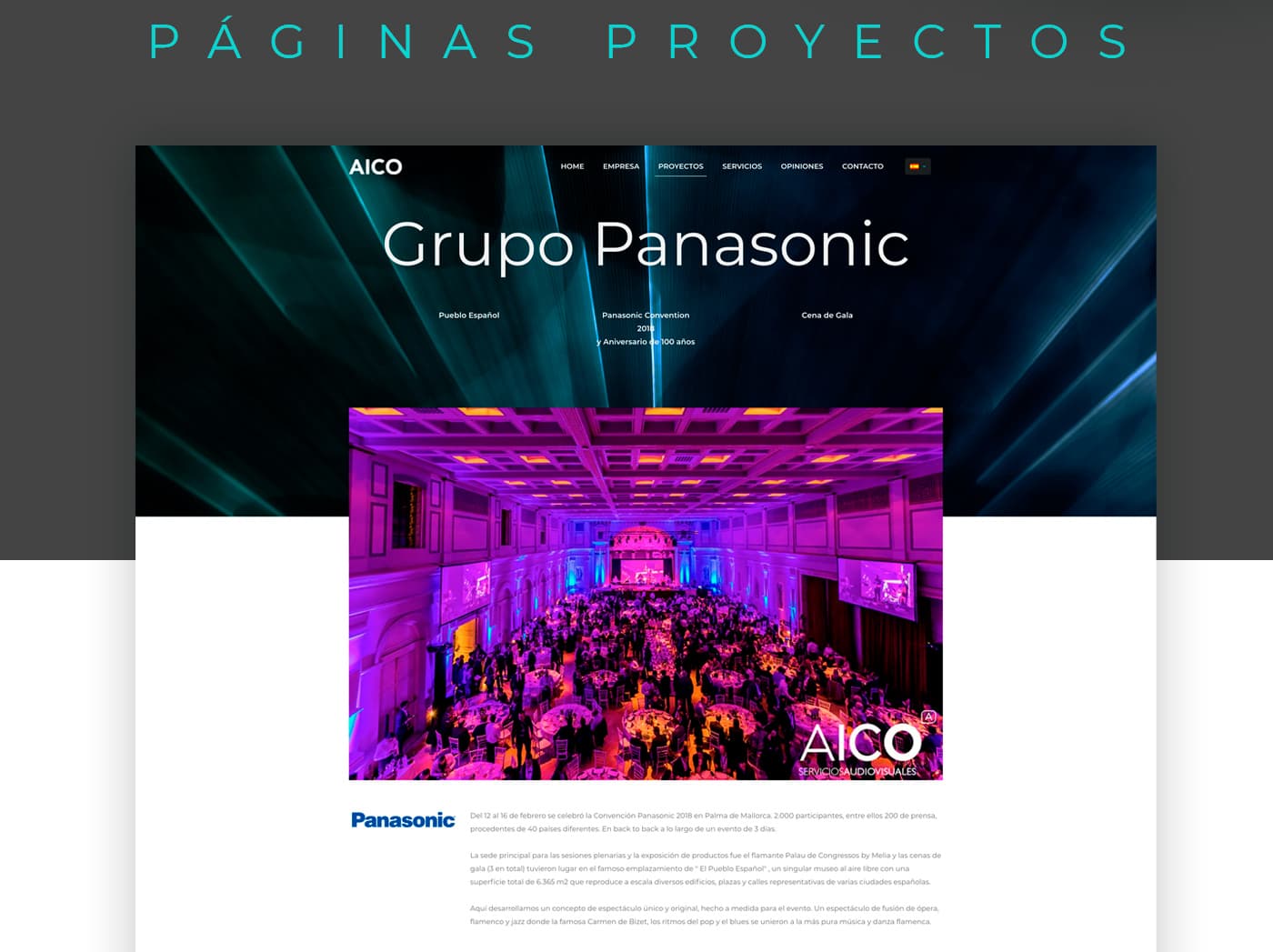 Pàgina de projecte del Grup Panasonic amb foto del saló de gala il·luminat