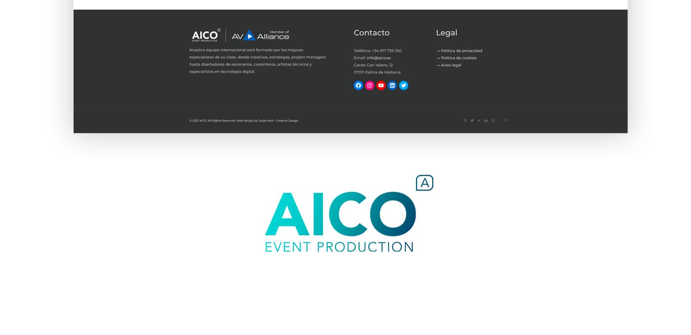 Peu de pàgina fosc i logotip d'AICO en turquesa sobre fons blanc