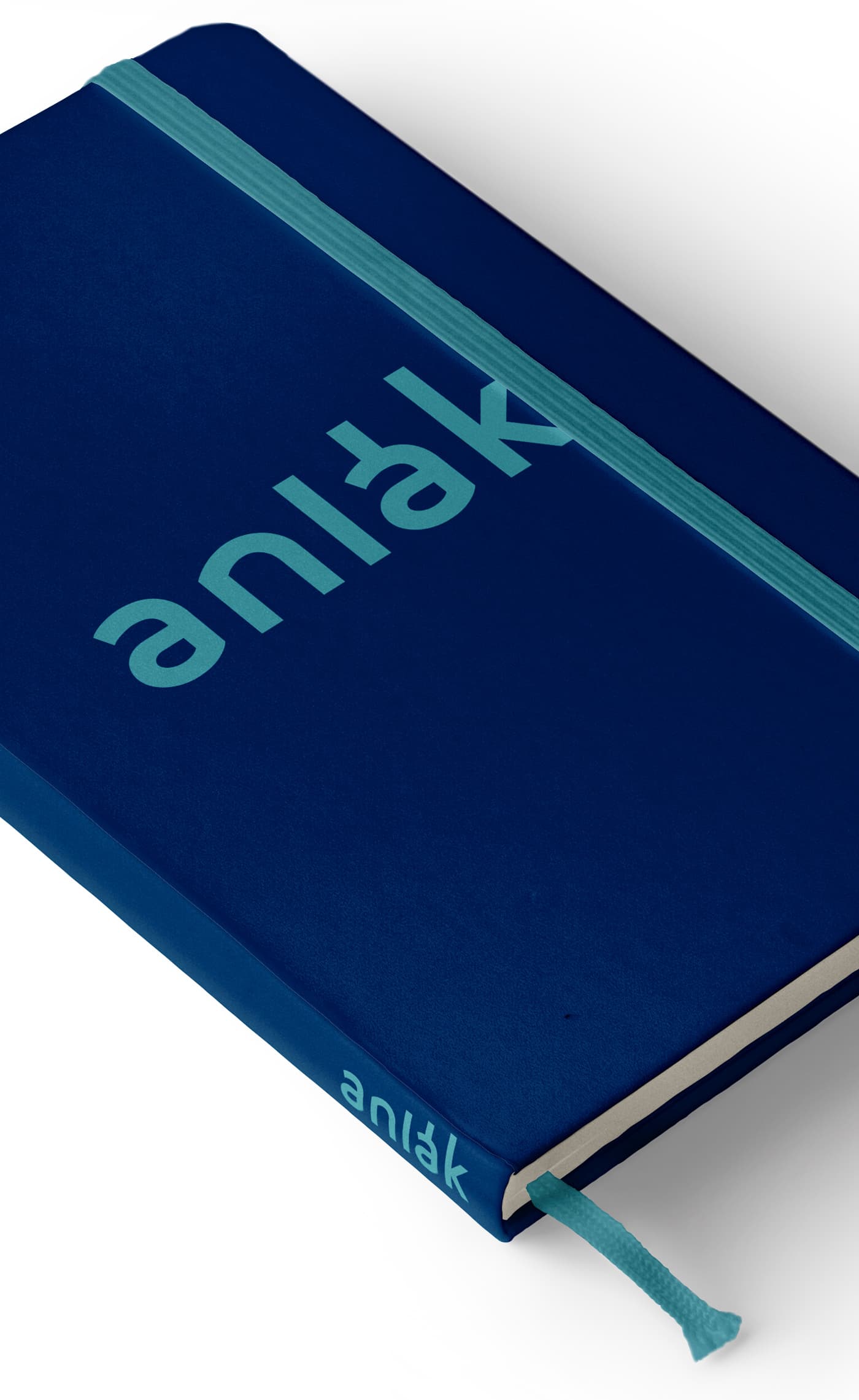 Mockup de llibreta de tapa blava marina amb el logotip d'Anlak