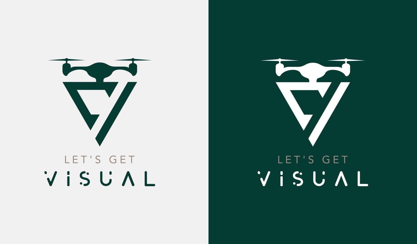 Let's Get Visual logo with a green and white drone isotype on two backgrounds