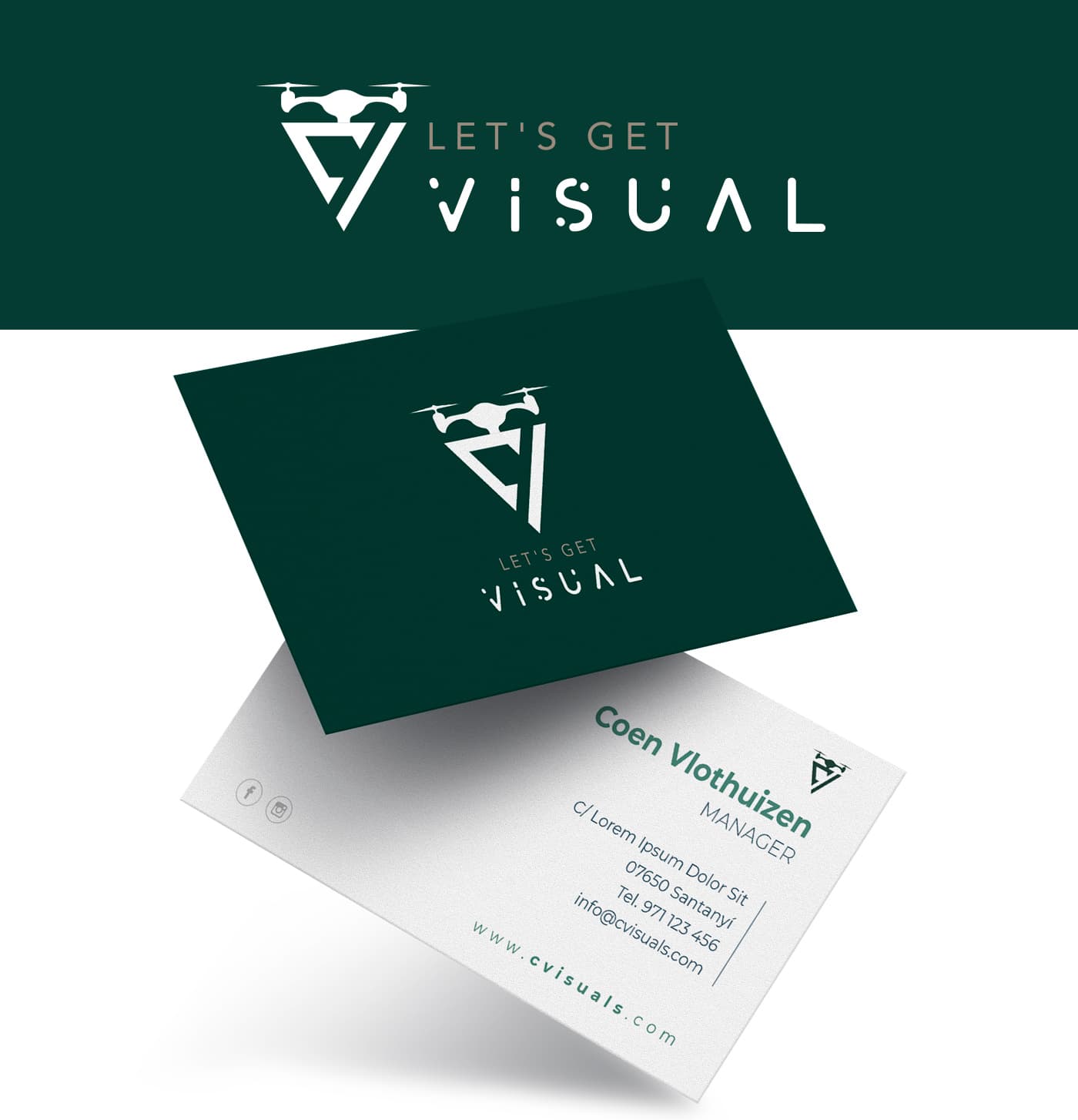 Dark green business cards with the drone logo and contact details