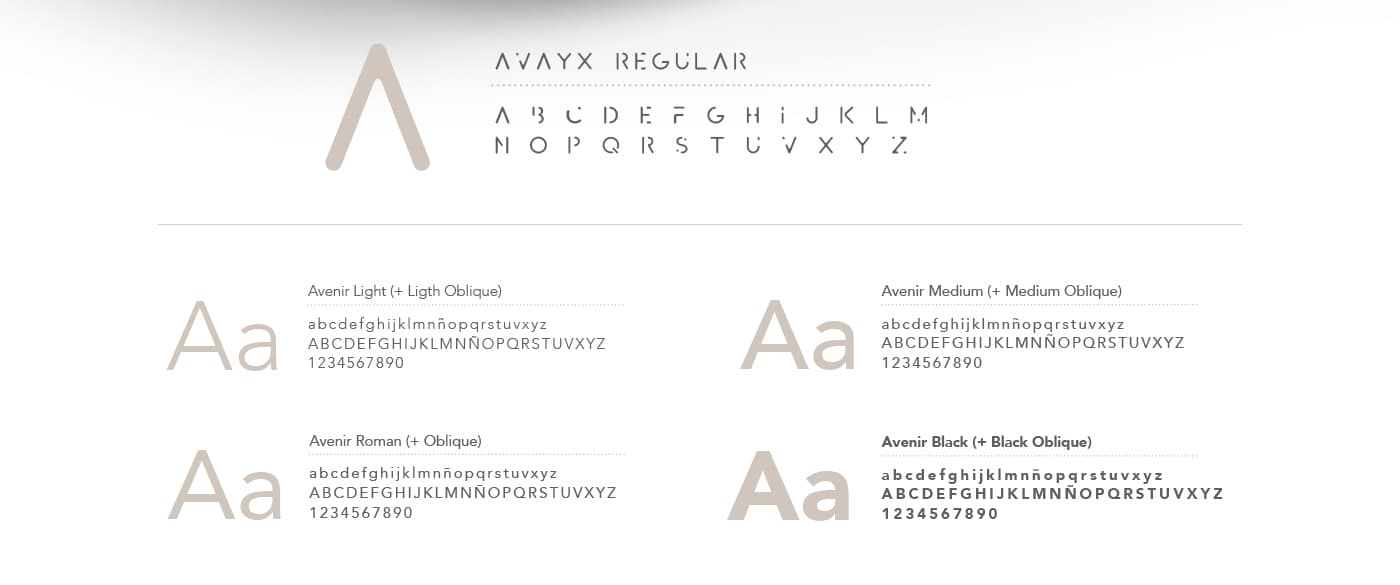 Specimen of the Avenir typeface used in the brand identity