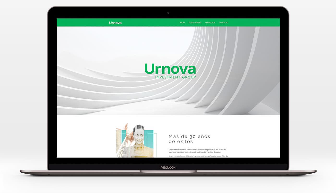 Urnova website homepage with curved white shapes and the corporate headline