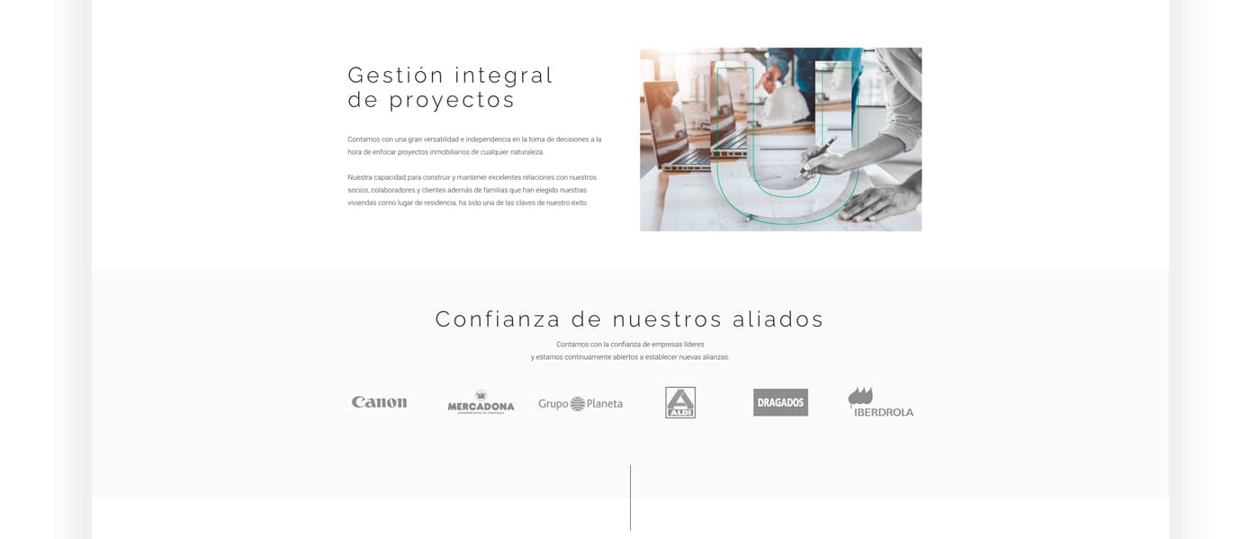 Project management section with client logotypes such as Canon and Mercadona