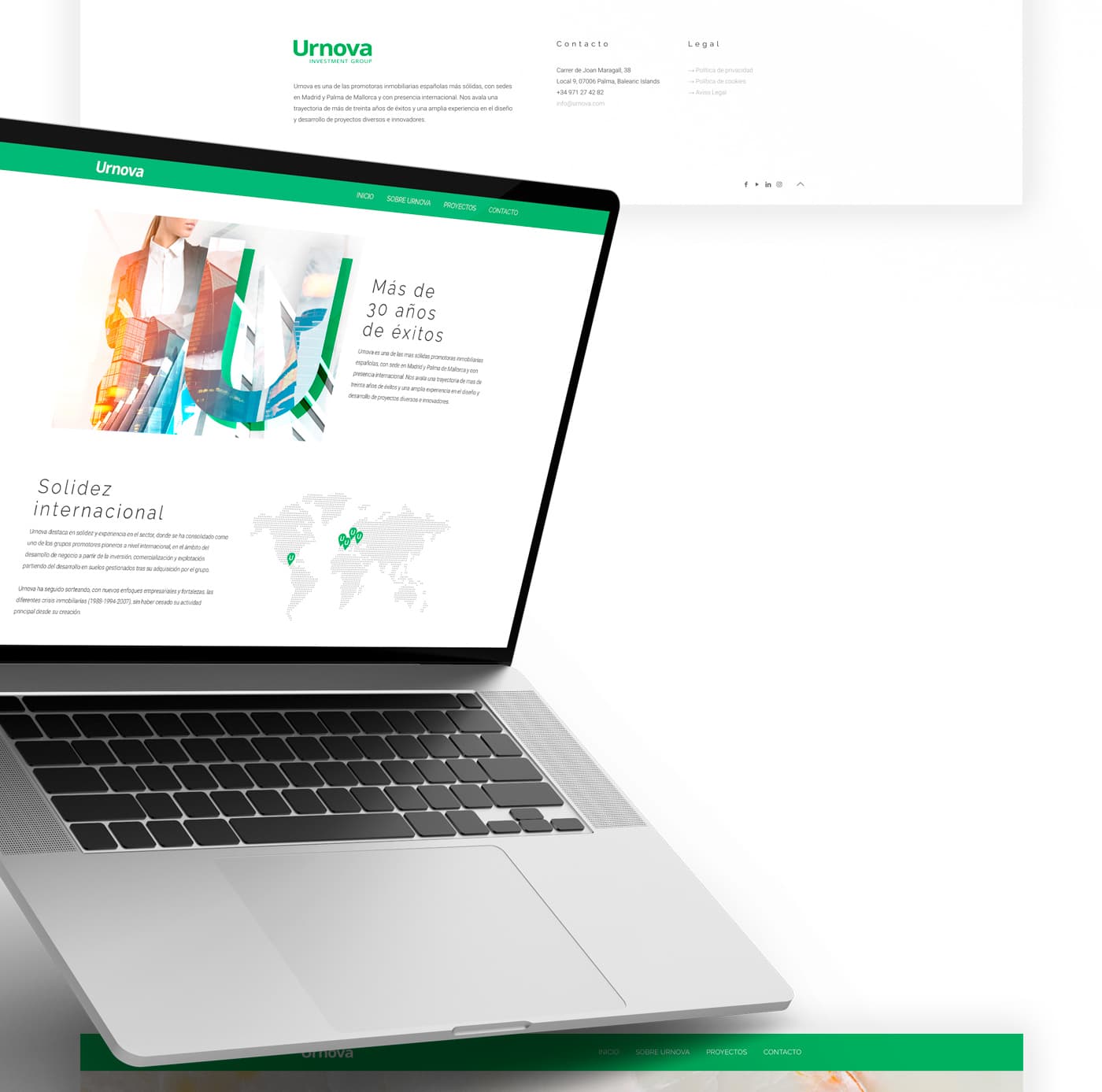 View of the About Urnova page with an international presence map on a laptop