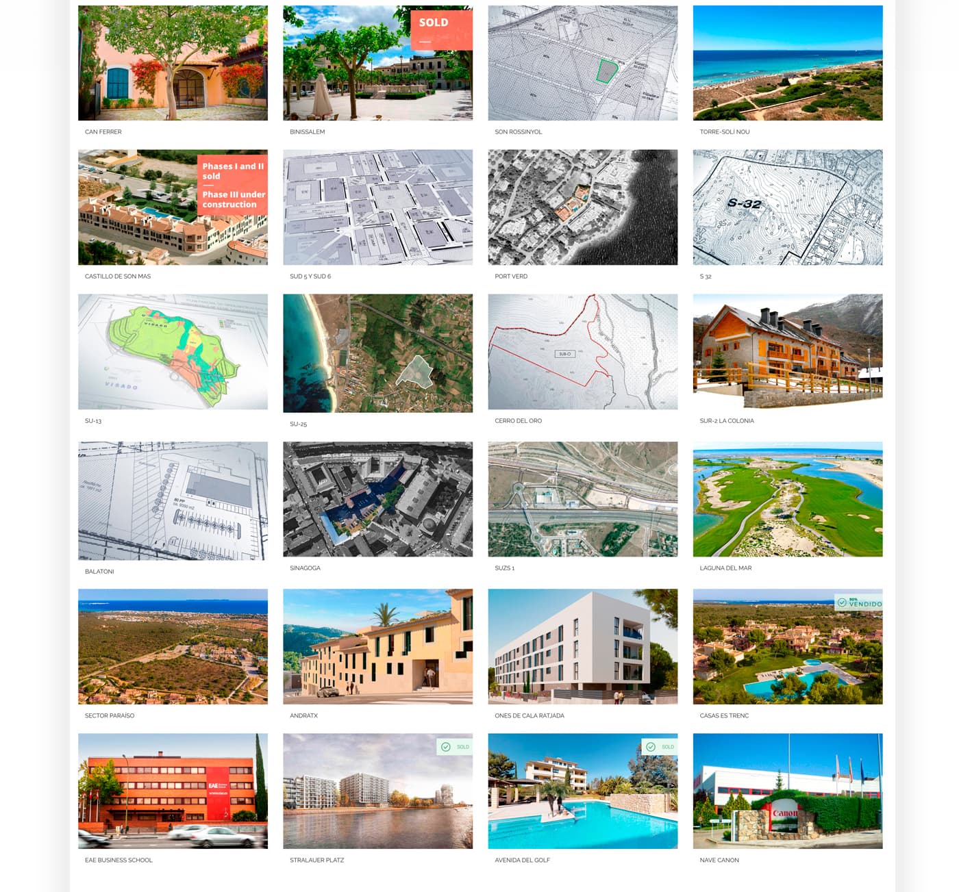 Full grid of Urnova projects with plans, maps and construction-site photographs