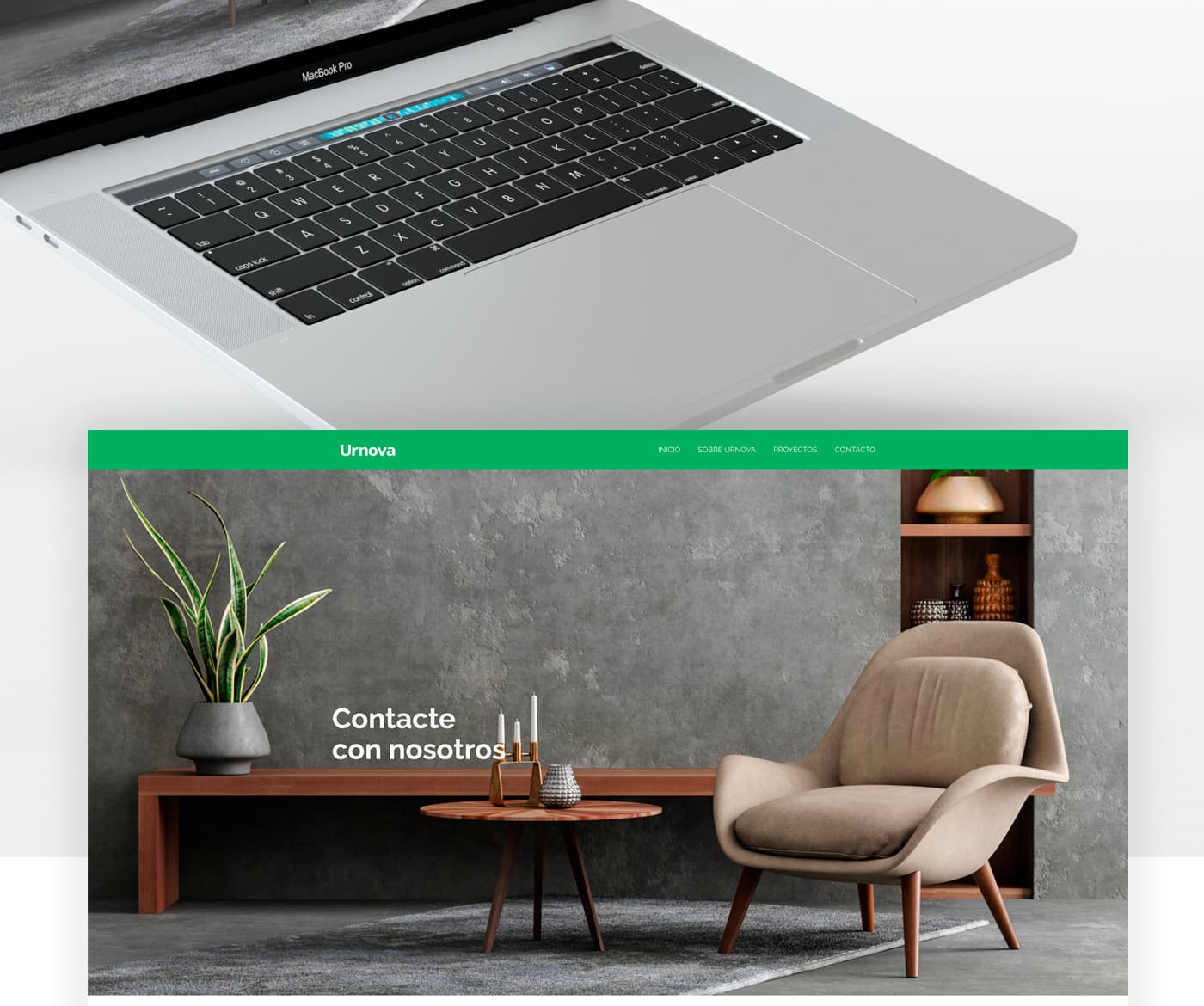 Detail of a MacBook keyboard next to the contact homepage with designer furniture