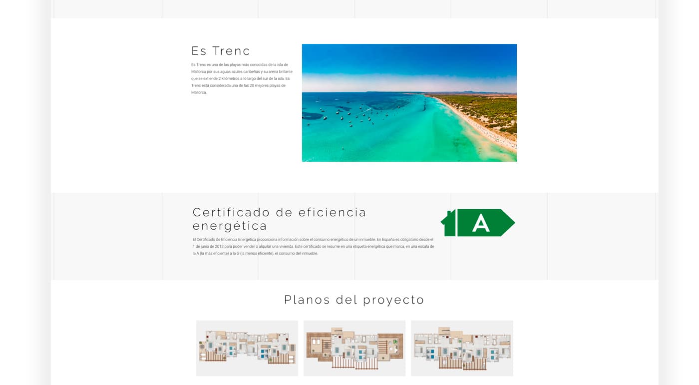 Es Trenc page with the beach, the energy certificate and the project's plans