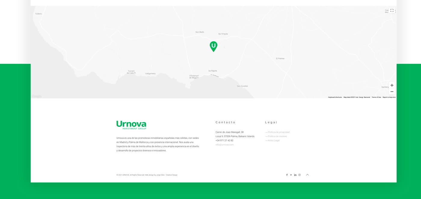 Location map with Urnova's green pin and the site's footer