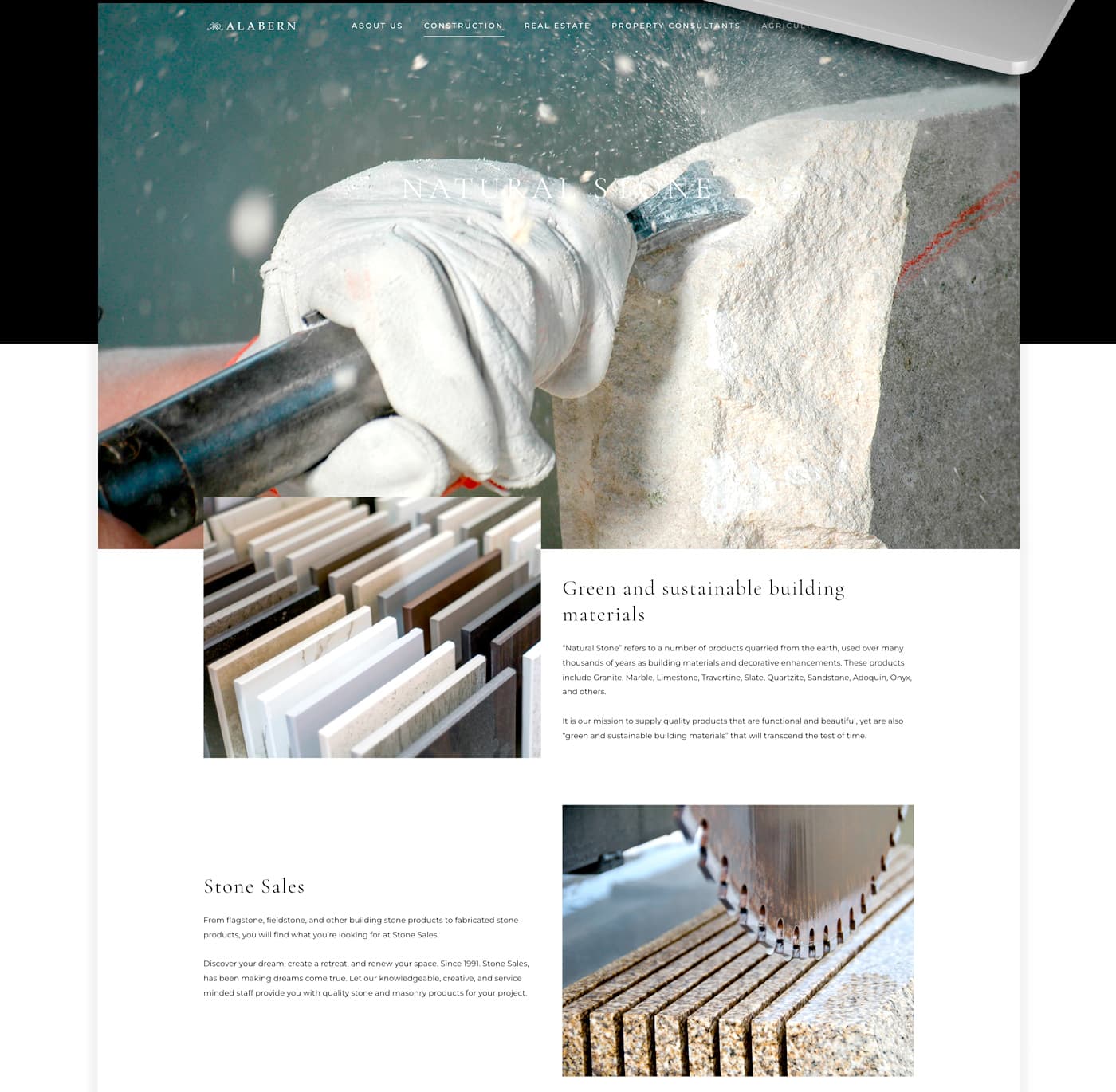 Construction page with a photo of natural stone work and marble samples