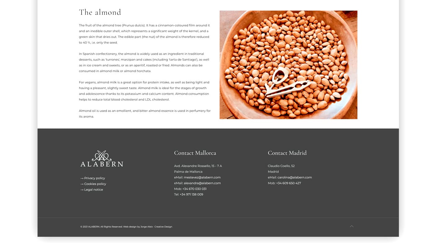 Detail of almonds in a bowl next to the website's footer