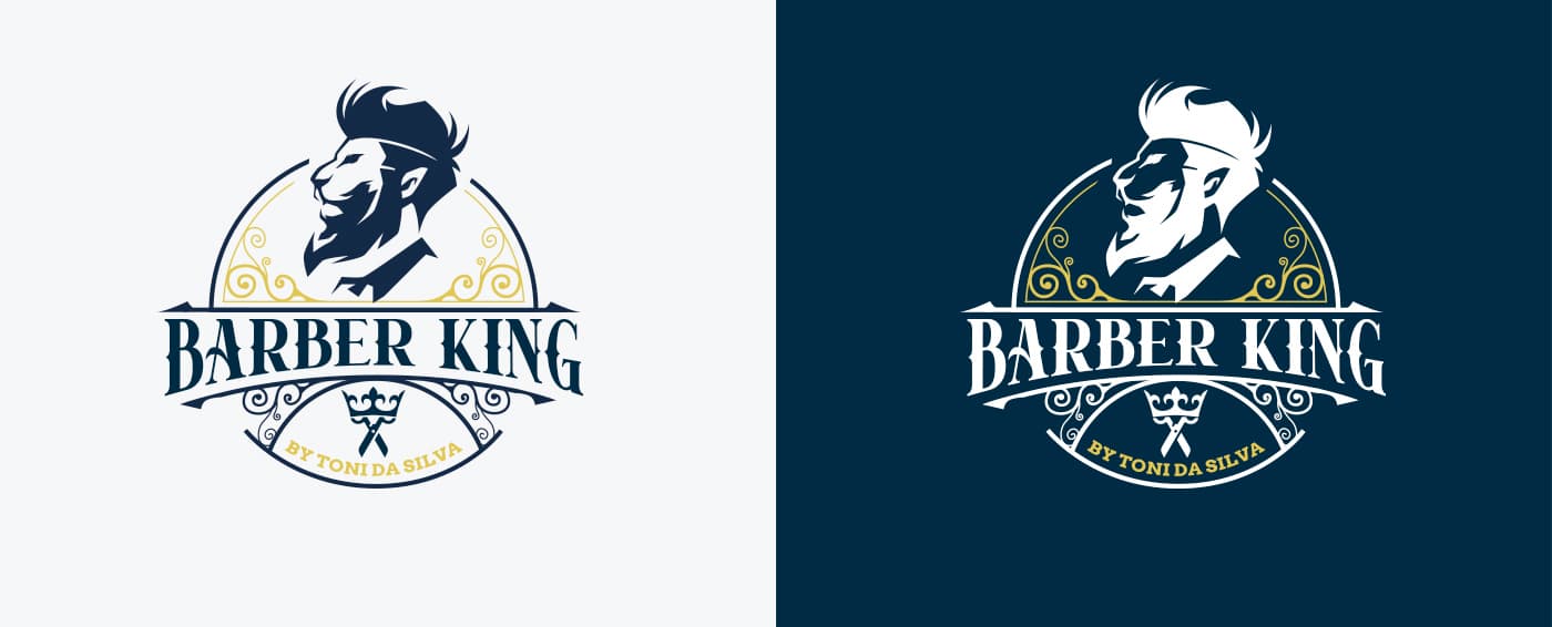 Logotip de Barber King en versió clara i sobre fons blau marí