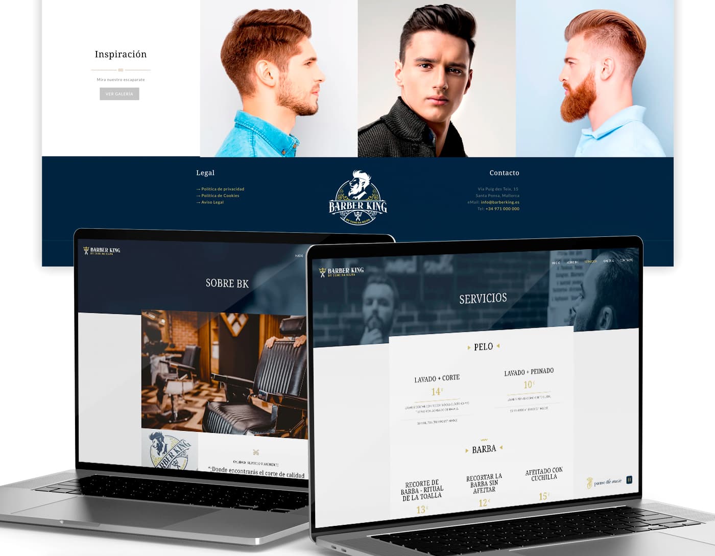 Retrats de pentinats masculins al costat de mockups de la web en portàtils