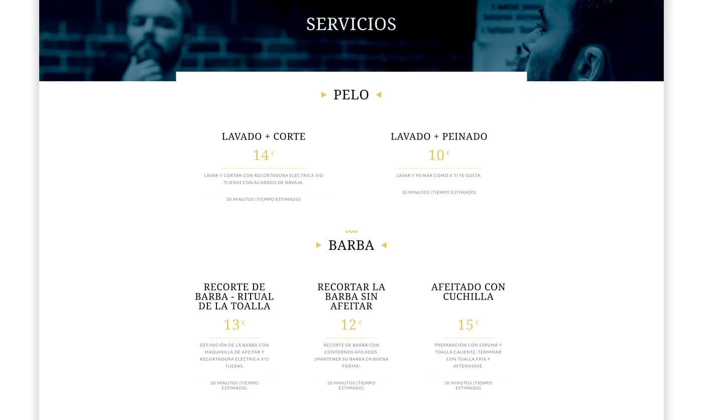 Captura de la pàgina de serveis amb la llista de preus