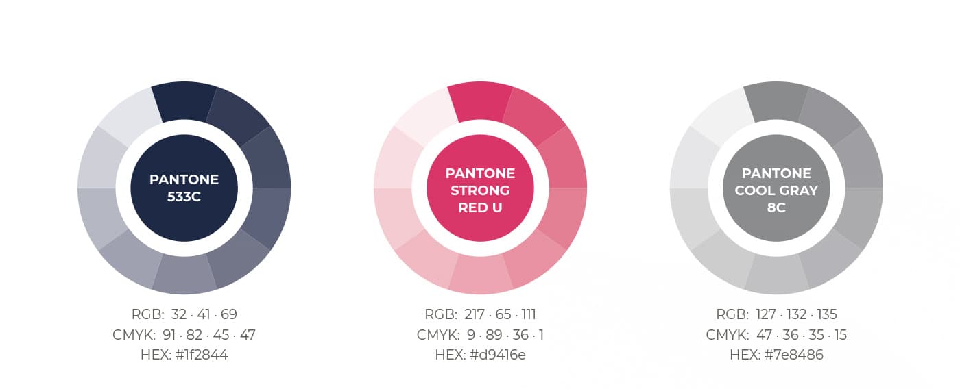 Roda cromàtica amb els tres colors corporatius en Pantone, RGB i CMYK