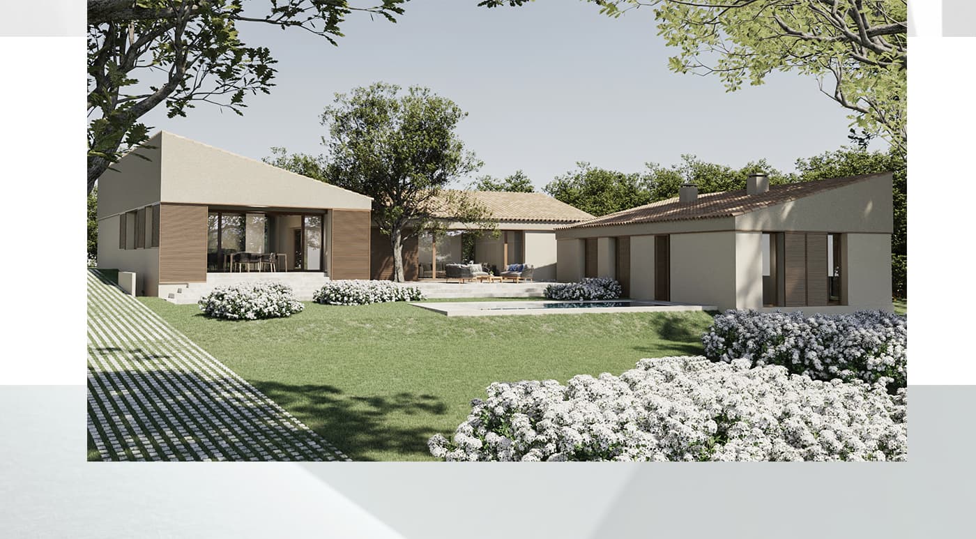 Render exterior d'un habitatge unifamiliar amb jardí i piscina