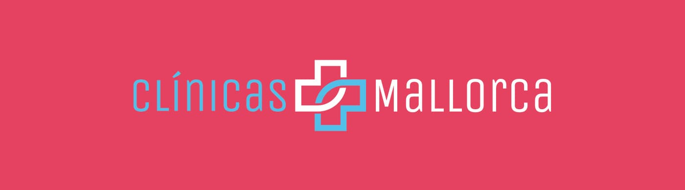 Clínicas Mallorca logo in white and blue on a coral background