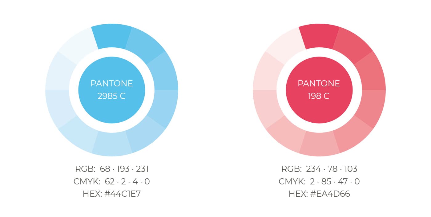 Corporate colour palette in blue and coral with Pantone codes