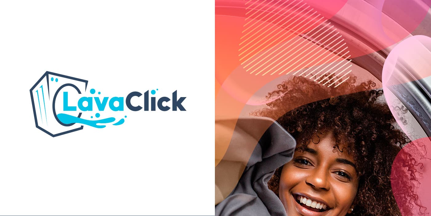 Logotip de LavaClick al costat d'un collage de formes de color i una dona somrient
