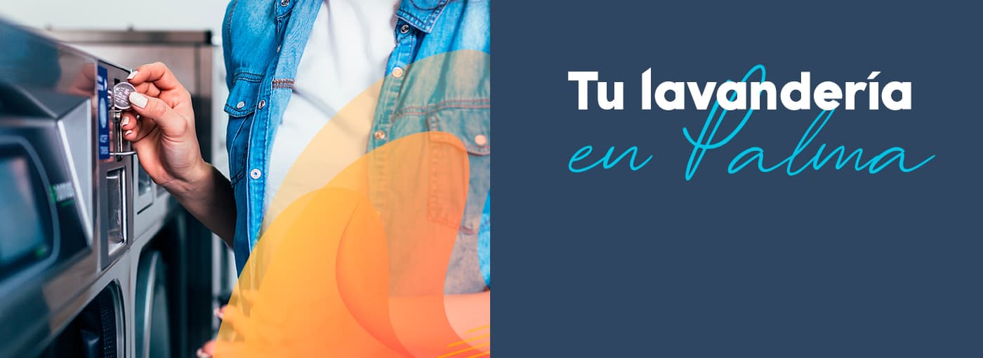 Bàner La teva bugaderia a Palma amb una mà introduint una moneda a la rentadora