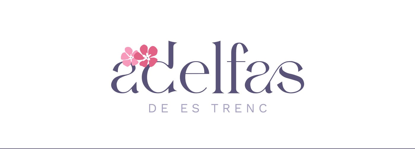 Logotip tipogràfic d'Adelfas de Es Trenc amb flors roses sobre fons blanc