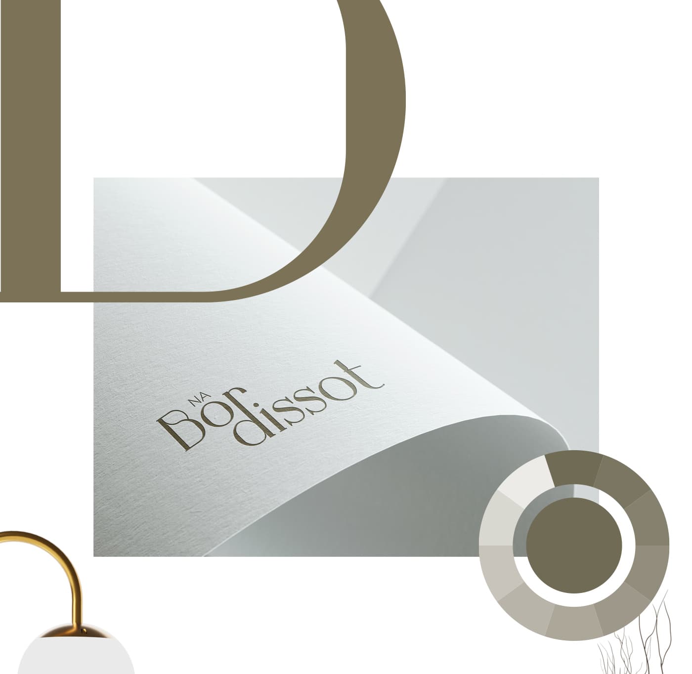 Mockup of the Na Bordissot logo embossed on paper next to the colour palette