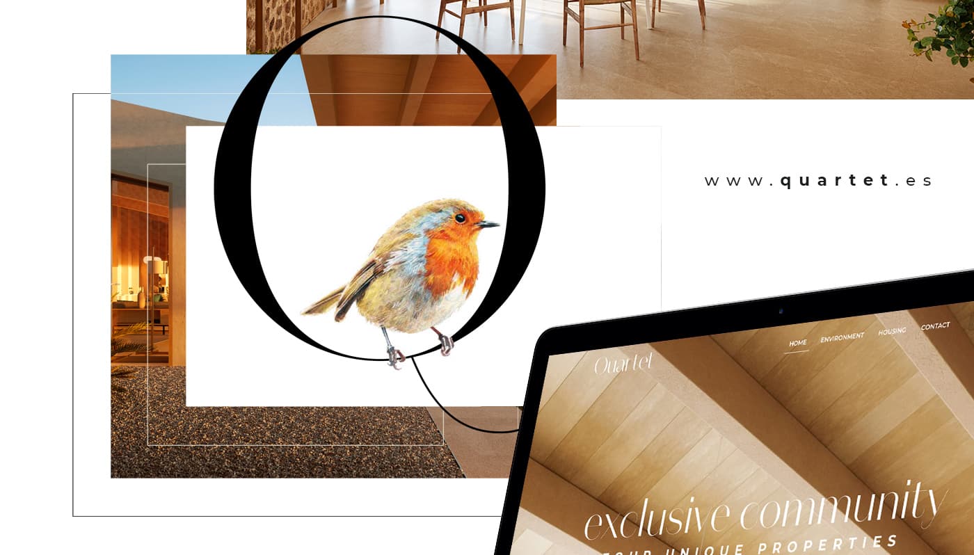 Website collage with an illustrated robin, screenshots and the domain quartet.es