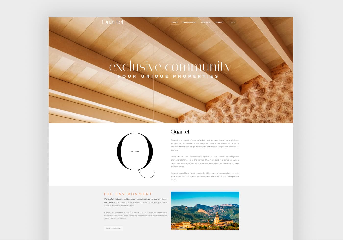 Website homepage with the headline exclusive community, four unique properties