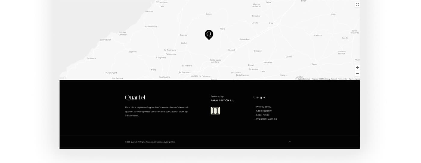 Map showing Quartet's location in the Serra de Tramuntana and the website footer