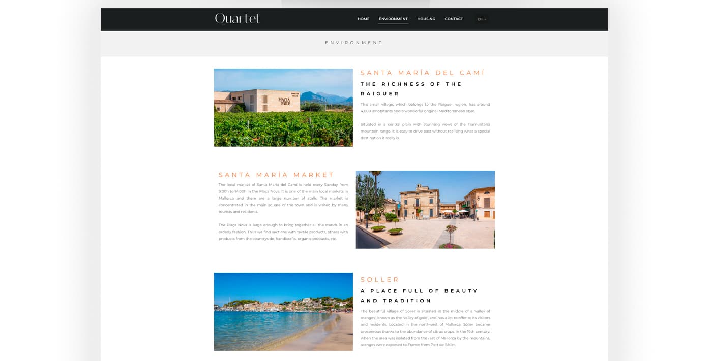 Website environment page with photographs of Santa María del Camí, its market and Sóller
