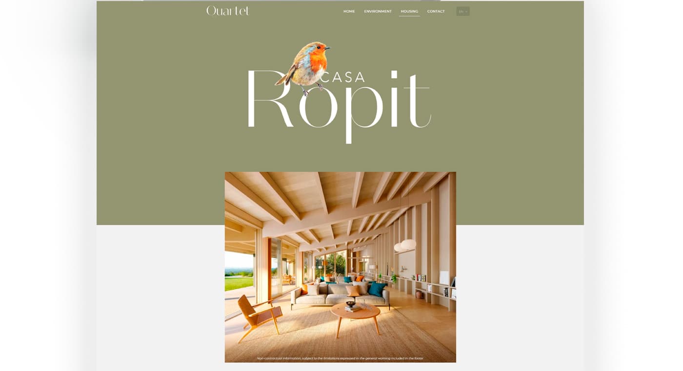 Casa Ropit page with the illustrated robin on an olive-green background and the interior living room