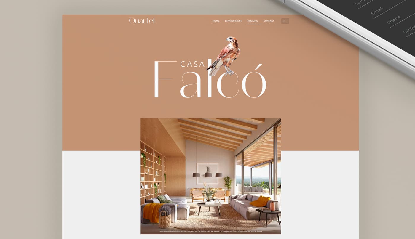 Casa Falcó page with the illustrated falcon on a terracotta background and the interior living room